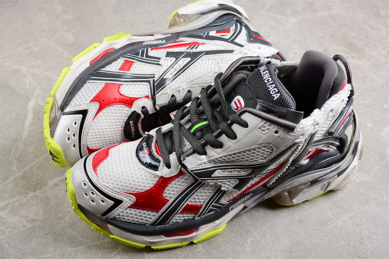 Balenciaga Runner Sneaker in White, Red, and Volt Yellow