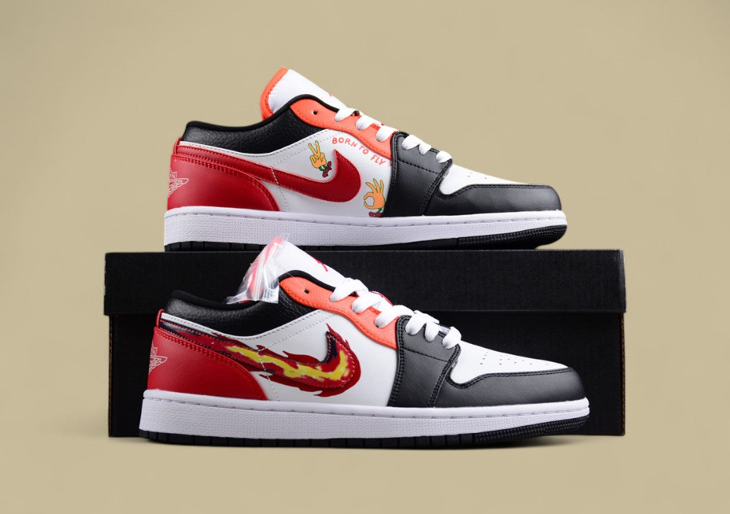 Air Jordan 1 Low "Flaming Swoosh" – Black/White/Red with Fire Graphic