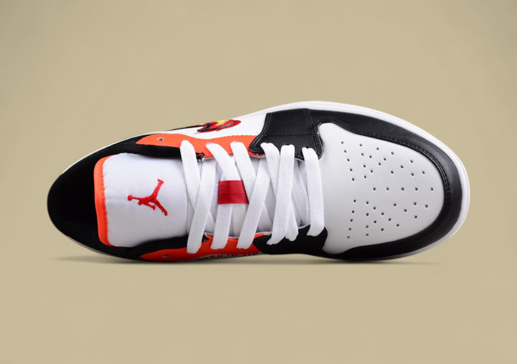 Air Jordan 1 Low "Flaming Swoosh" – Black/White/Red with Fire Graphic