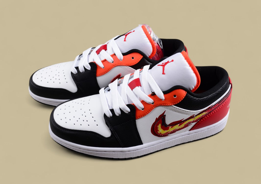 Air Jordan 1 Low "Flaming Swoosh" – Black/White/Red with Fire Graphic