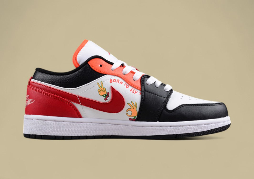 Air Jordan 1 Low "Flaming Swoosh" – Black/White/Red with Fire Graphic