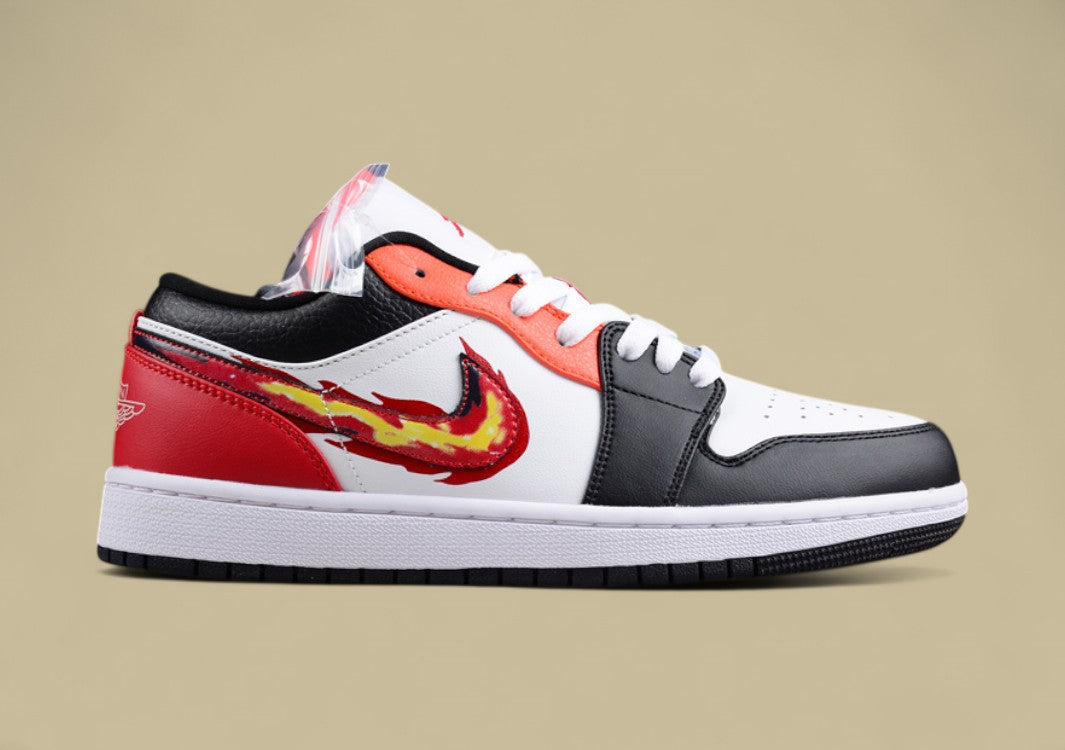 Air Jordan 1 Low "Flaming Swoosh" – Black/White/Red with Fire Graphic