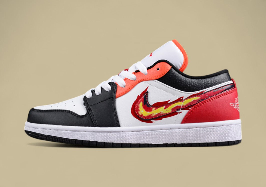 Air Jordan 1 Low "Flaming Swoosh" – Black/White/Red with Fire Graphic