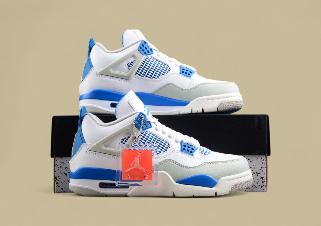 Air Jordan 4 Retro in White, Blue, and Grey