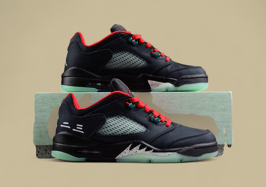 Air Jordan 5 Retro Black & Red Silk With Emerald Luminous Tear