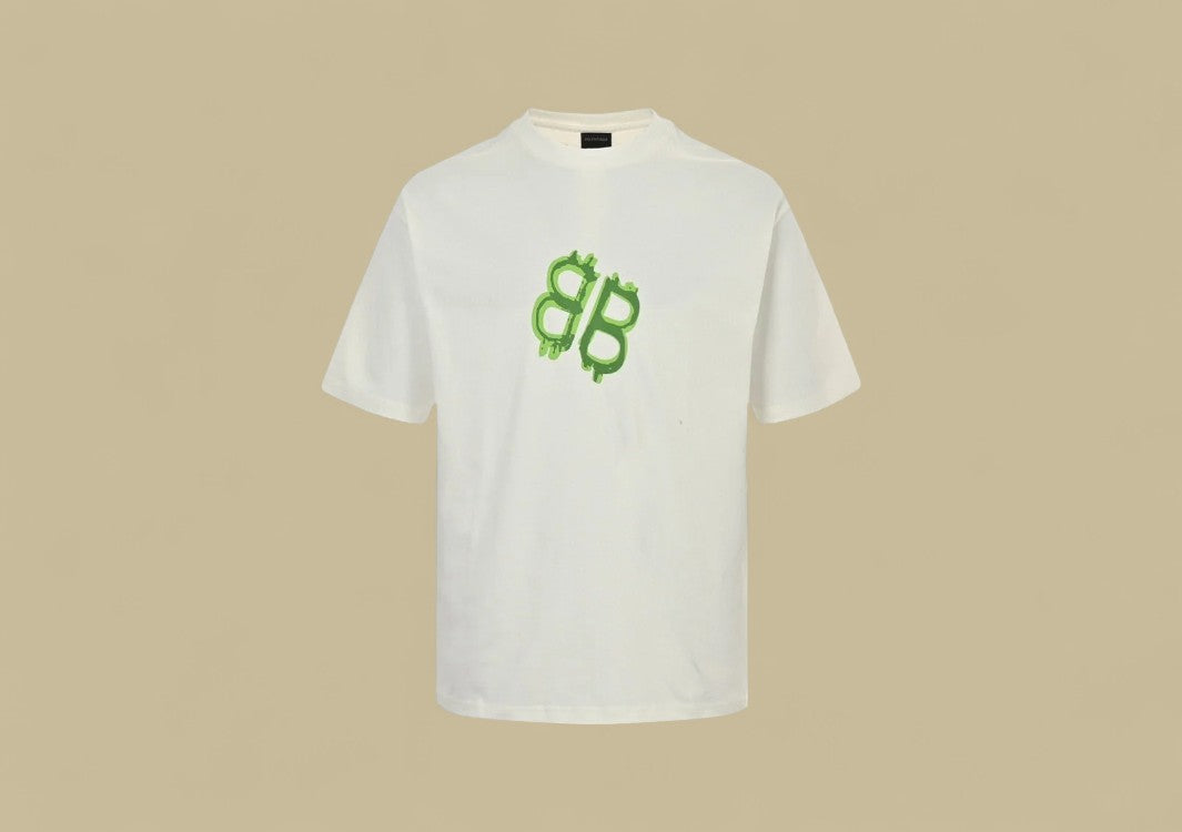 Balenciaga 24SS Neon Green Hand-Drawn Double B Logo T-Shirt – White