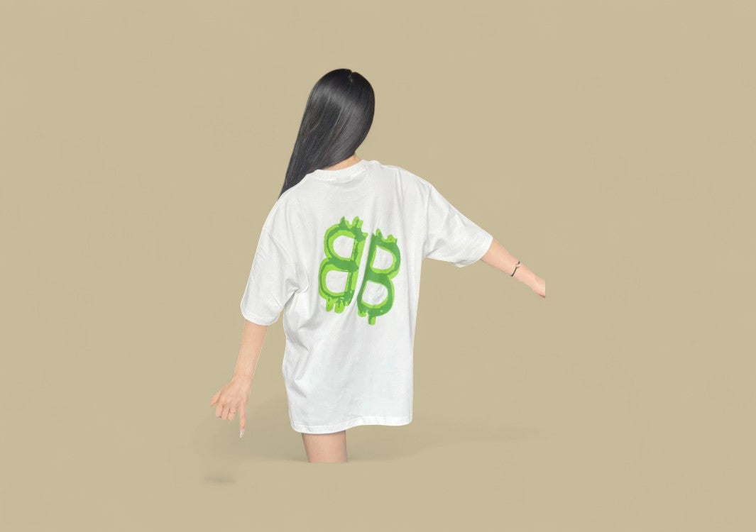 Balenciaga 24SS Neon Green Hand-Drawn Double B Logo T-Shirt – White