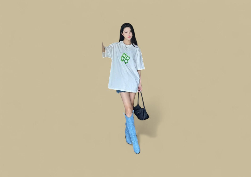 Balenciaga 24SS Neon Green Hand-Drawn Double B Logo T-Shirt – White