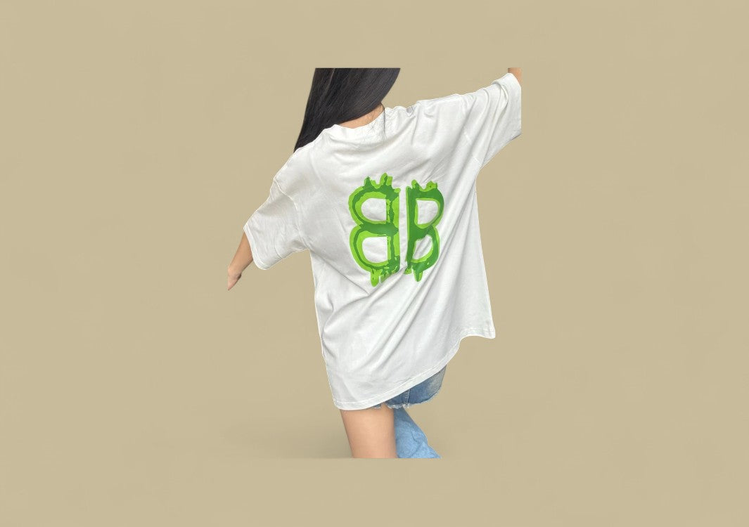 Balenciaga 24SS Neon Green Hand-Drawn Double B Logo T-Shirt – White