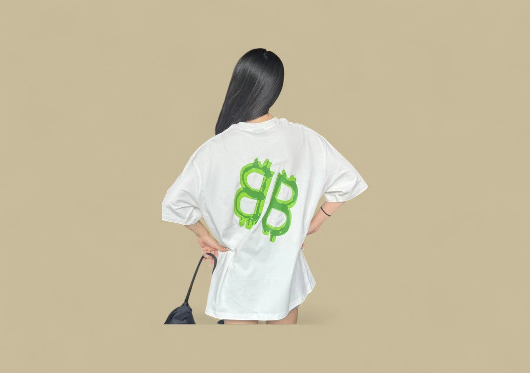 Balenciaga 24SS Neon Green Hand-Drawn Double B Logo T-Shirt – White