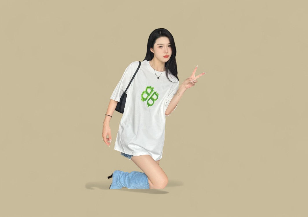 Balenciaga 24SS Neon Green Hand-Drawn Double B Logo T-Shirt – White