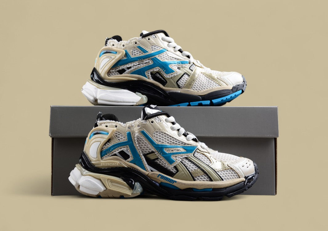 Balenciaga Beige and Blue Mesh Runner Sneaker