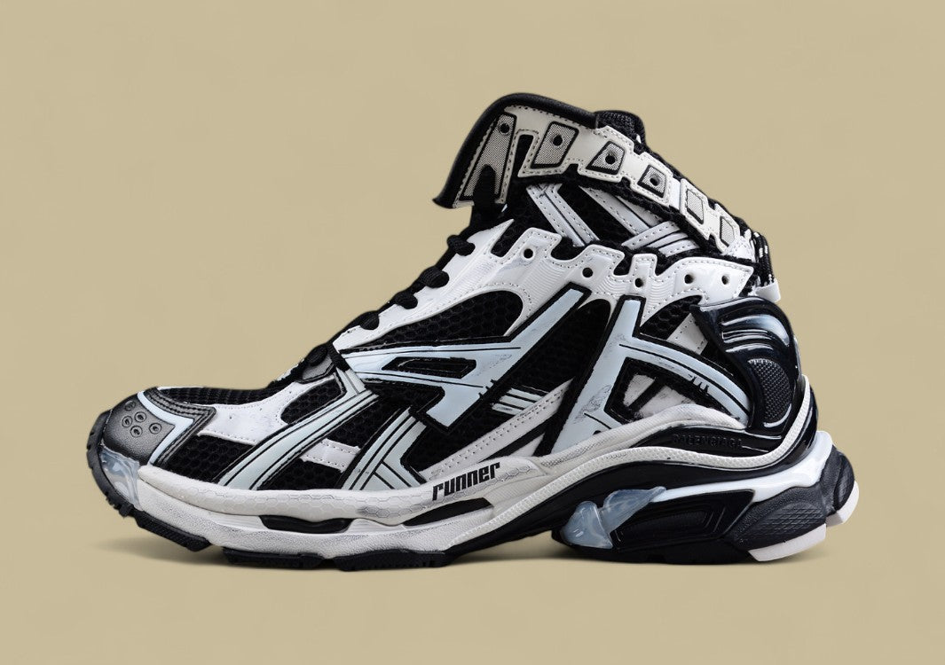 Balenciaga Black and White High-Top Runner Sneaker
