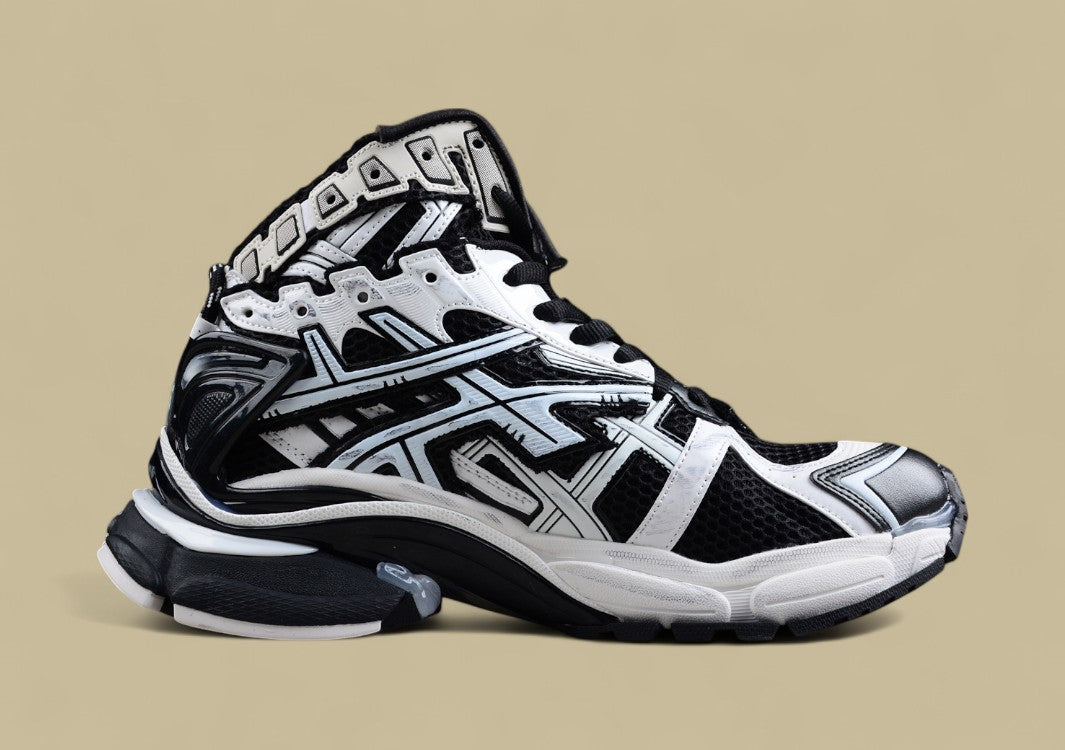 Balenciaga Black and White High-Top Runner Sneaker