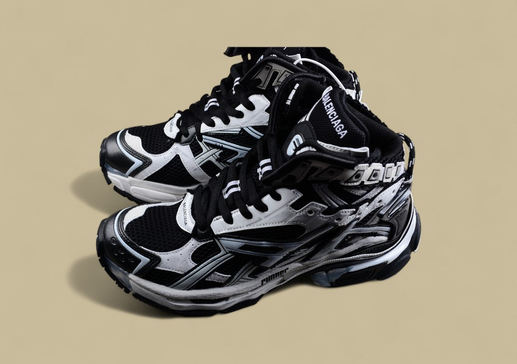 Balenciaga Black and White High-Top Runner Sneaker