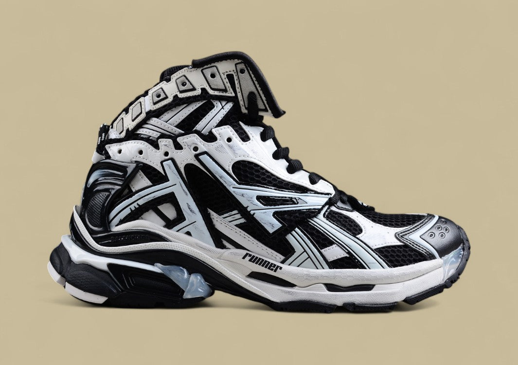 Balenciaga Black and White High-Top Runner Sneaker