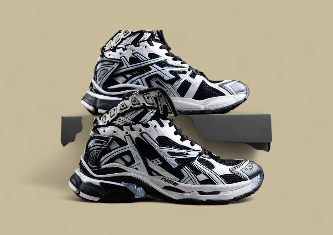 Balenciaga Black and White High-Top Runner Sneaker
