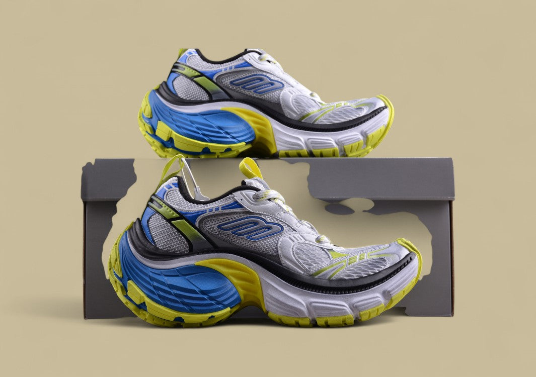 Balenciaga Cargo Sneaker – White/Grey with Neon Yellow and Blue
