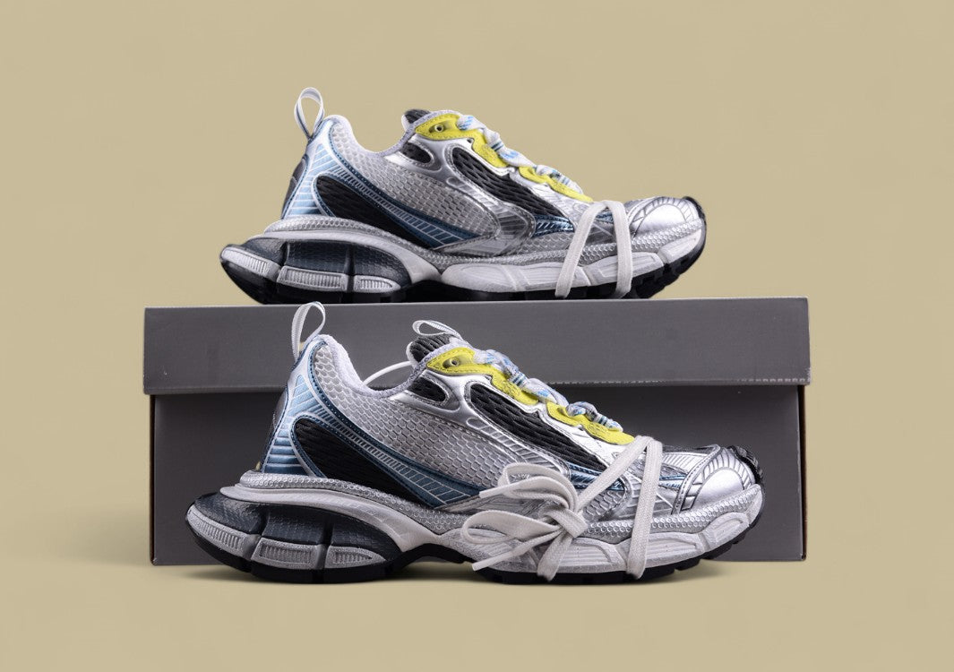 Balenciaga Defender Sneaker – Silver/Blue with Yellow
