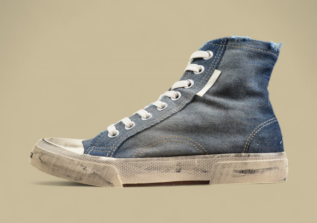 Balenciaga Paris High Top Sneaker in Distressed Blue Denim
