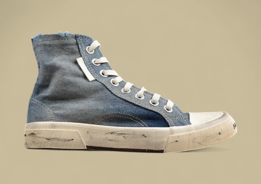 Balenciaga Paris High Top Sneaker in Distressed Blue Denim
