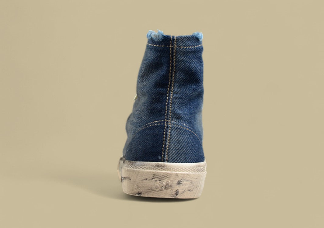 Balenciaga Paris High Top Sneaker in Distressed Blue Denim