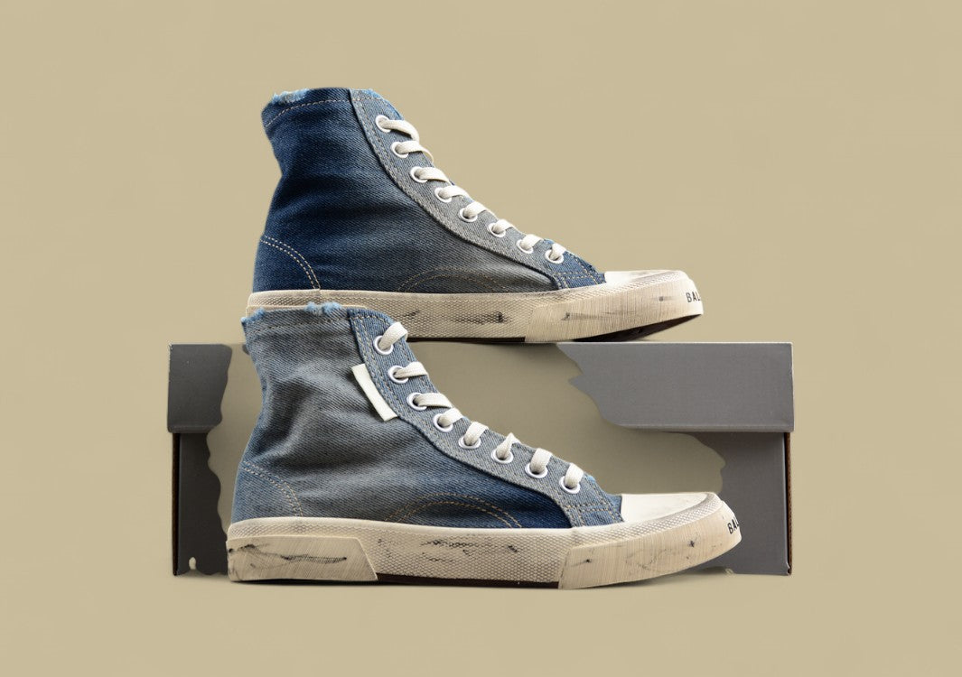 Balenciaga Paris High Top Sneaker in Distressed Blue Denim