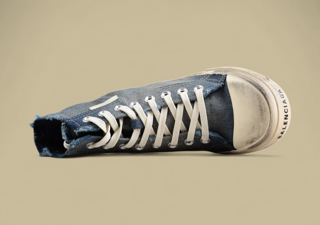 Balenciaga Paris High Top Sneaker in Distressed Blue Denim