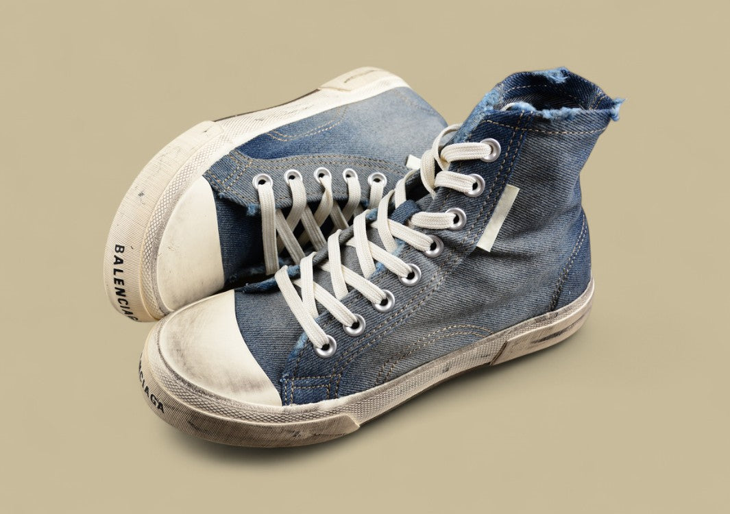 Balenciaga Paris High Top Sneaker in Distressed Blue Denim