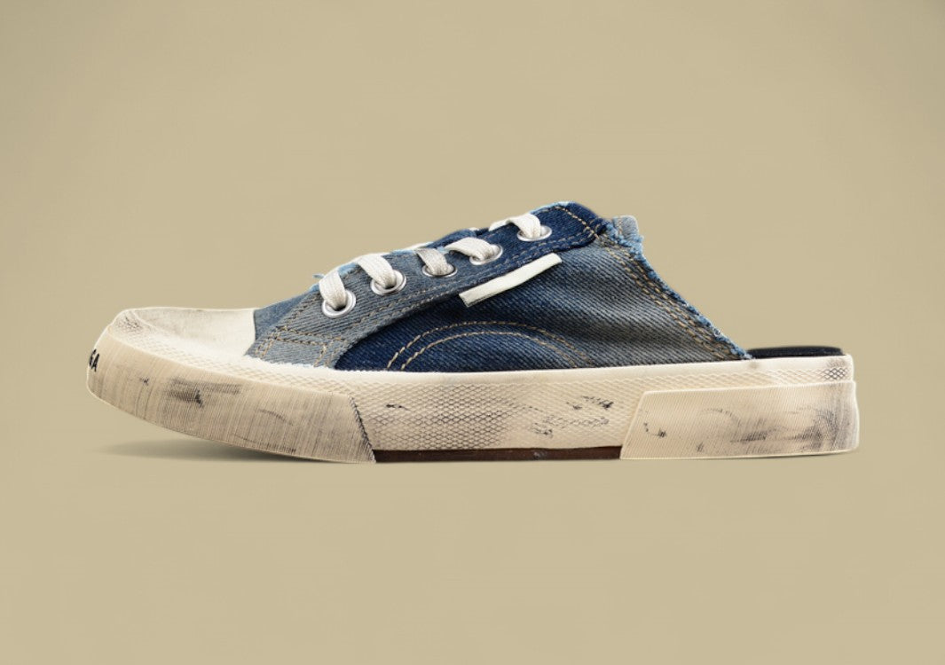 Balenciaga Paris Sneaker Mule in Distressed Blue Denim