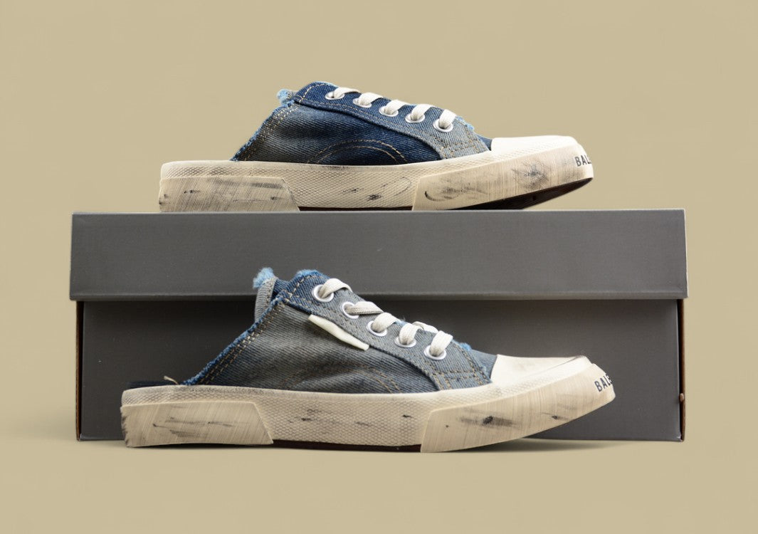 Balenciaga Paris Sneaker Mule in Distressed Blue Denim