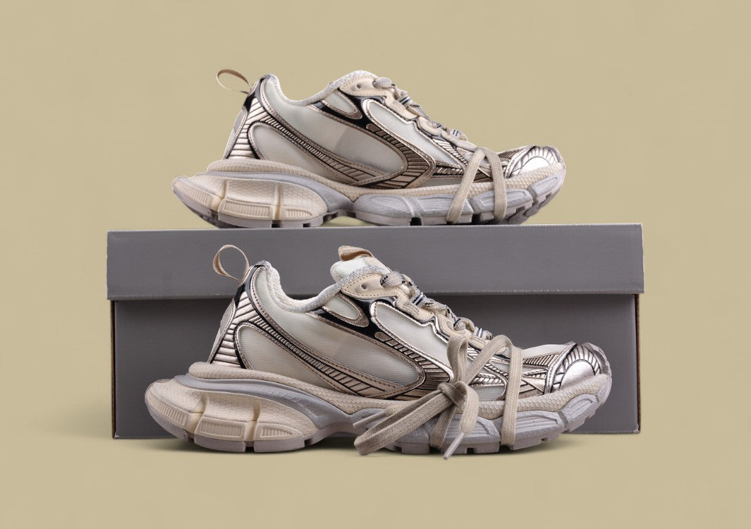 Balenciaga Runner Sneaker – Beige with Metallic Bronze and Silver