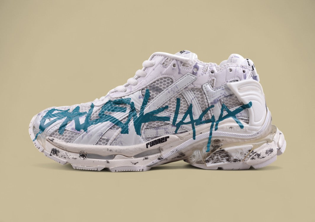 Balenciaga Runner Sneaker – White Distressed with Teal Graffiti Logo