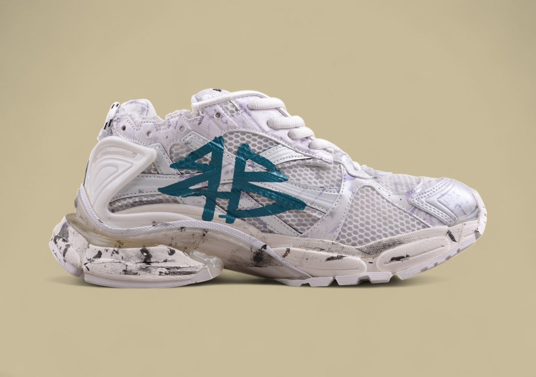 Balenciaga Runner Sneaker – White Distressed with Teal Graffiti Logo