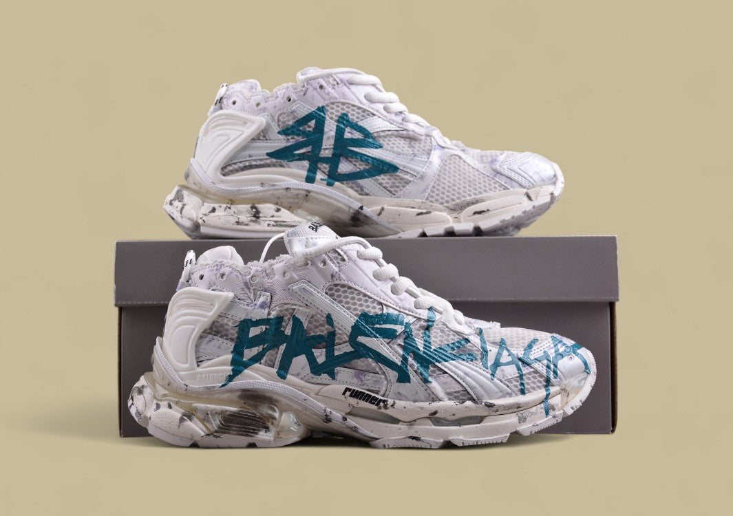 Balenciaga Runner Sneaker – White Distressed with Teal Graffiti Logo