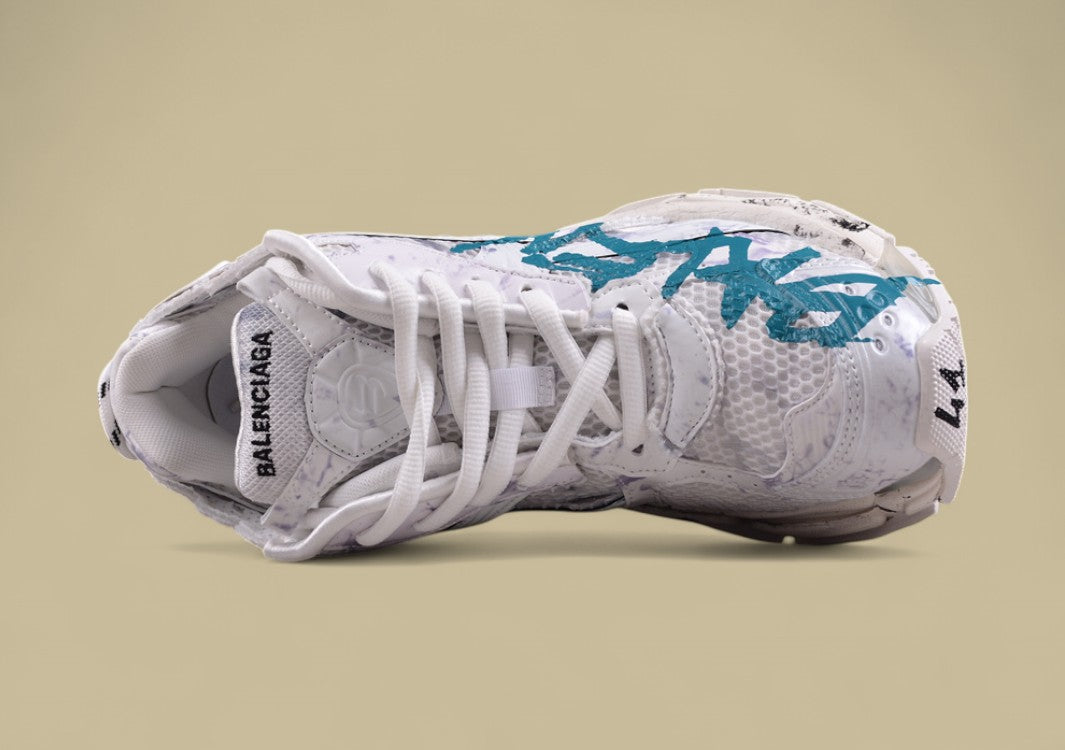 Balenciaga Runner Sneaker – White Distressed with Teal Graffiti Logo