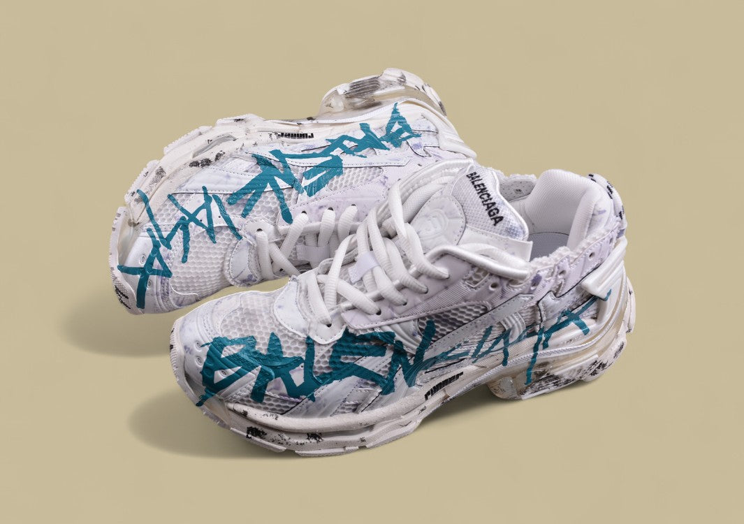 Balenciaga Runner Sneaker – White Distressed with Teal Graffiti Logo