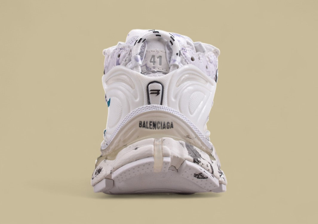 Balenciaga Runner Sneaker – White Distressed with Teal Graffiti Logo