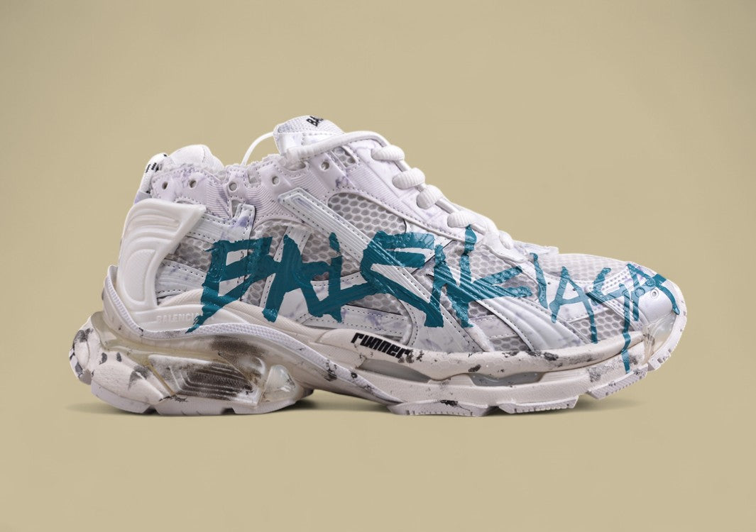 Balenciaga Runner Sneaker – White Distressed with Teal Graffiti Logo