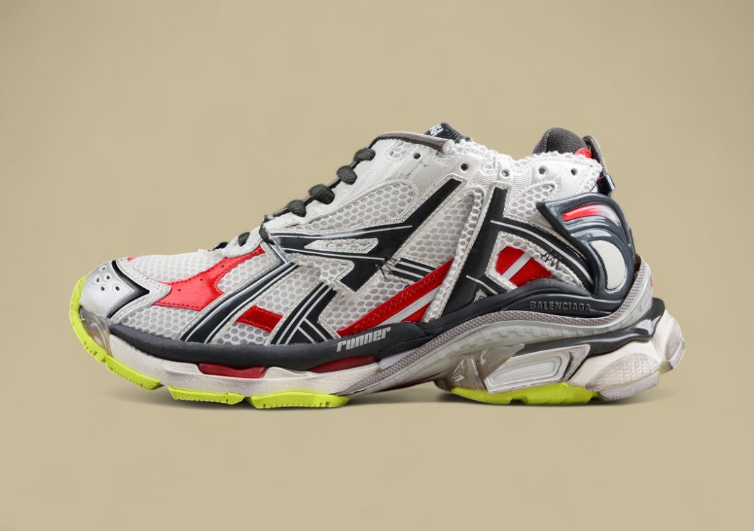 Balenciaga Runner Sneaker in White, Red, and Volt Yellow