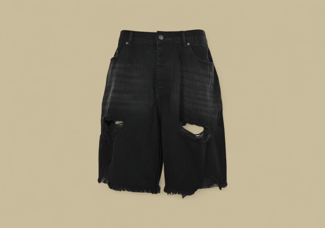 Balenciaga Three Lines Distressed Denim Shorts – Black