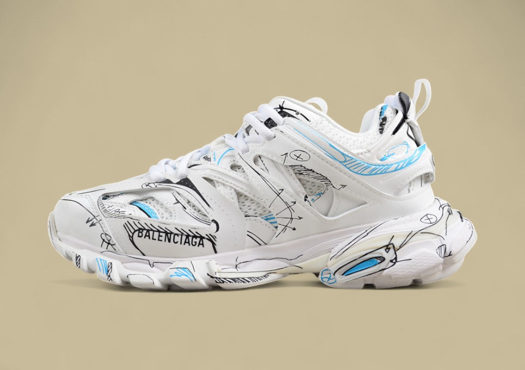 Balenciaga Track Sneaker in White with Blue & Black Graphic