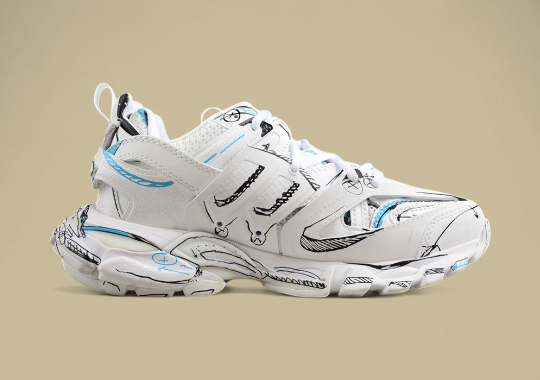 Balenciaga Track Sneaker in White with Blue & Black Graphic