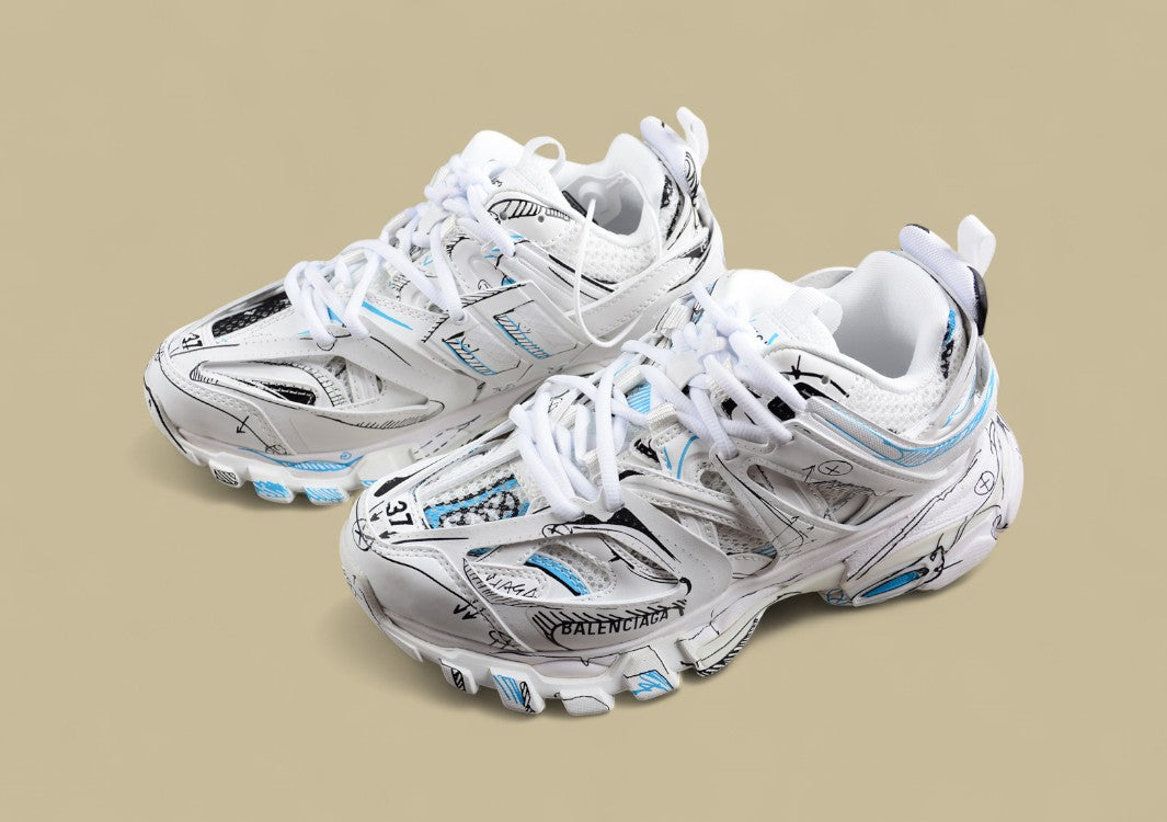 Balenciaga Track Sneaker in White with Blue & Black Graphic