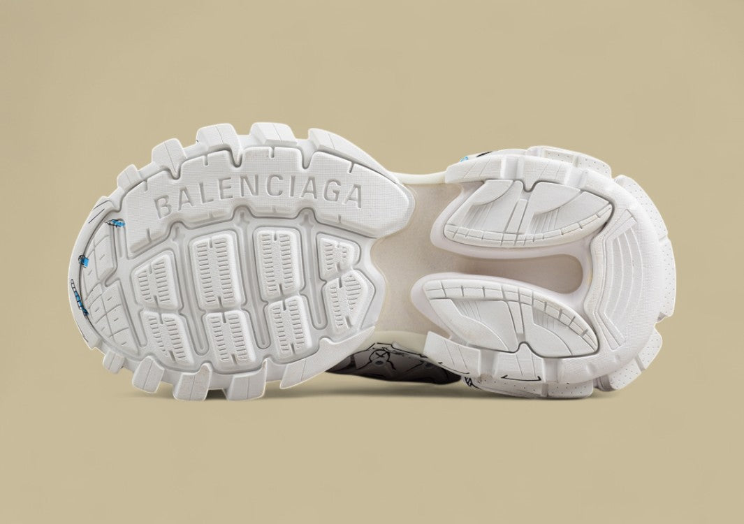 Balenciaga Track Sneaker in White with Blue & Black Graphic