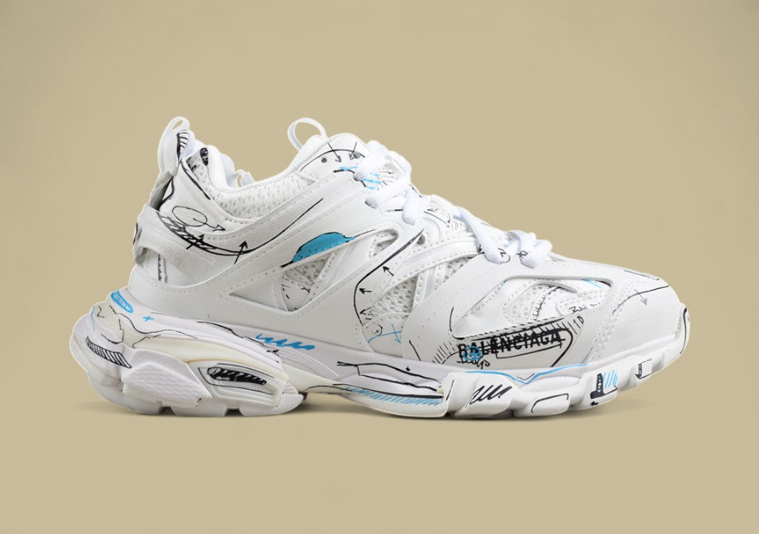 Balenciaga Track Sneaker in White with Blue & Black Graphic