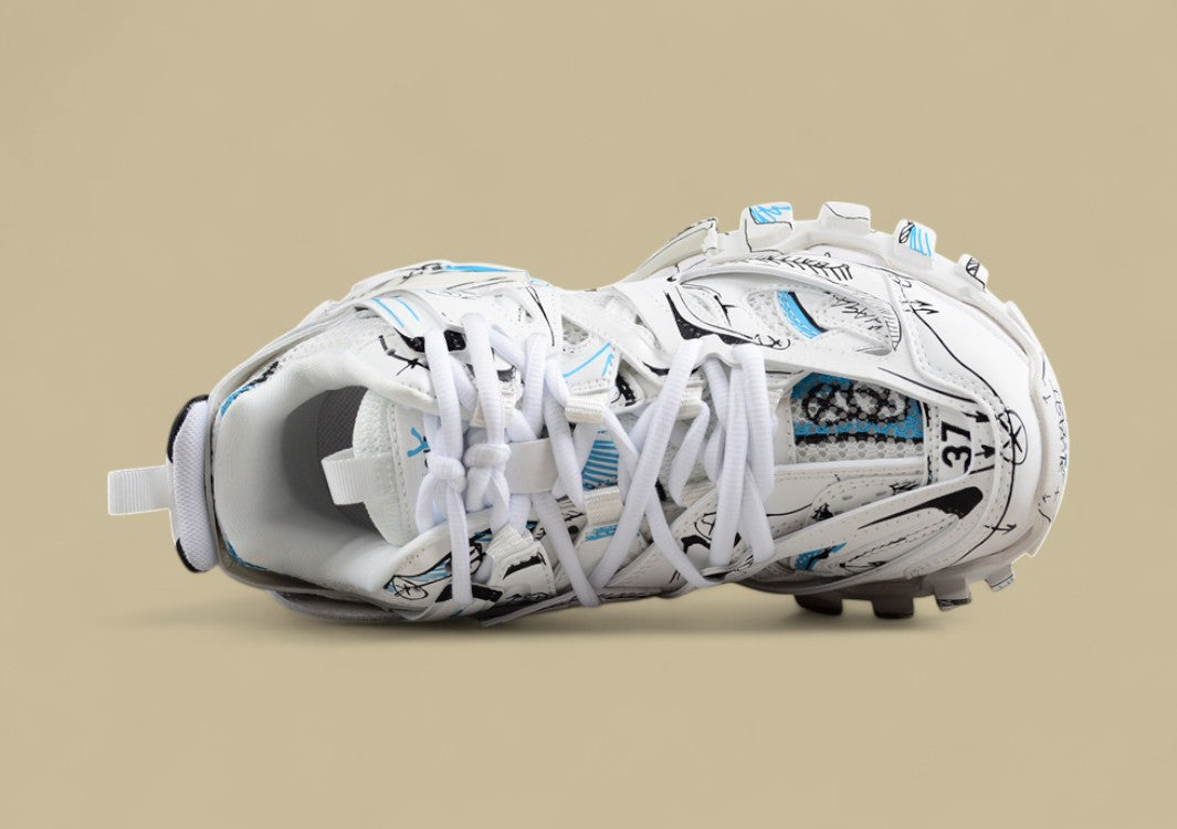 Balenciaga Track Sneaker in White with Blue & Black Graphic