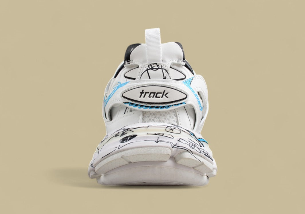 Balenciaga Track Sneaker in White with Blue & Black Graphic