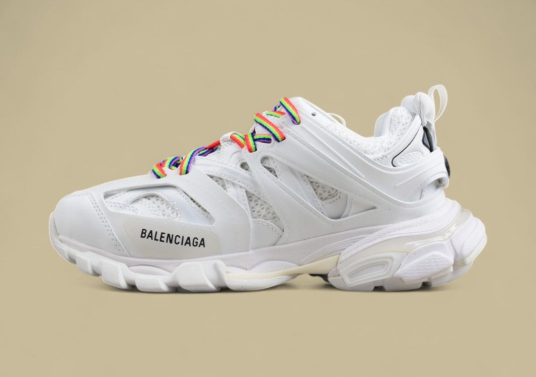 Balenciaga White Mesh Runner Sneaker with Rainbow Laces