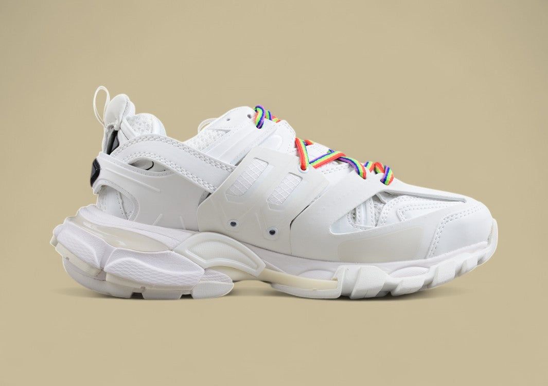 Balenciaga White Mesh Runner Sneaker with Rainbow Laces